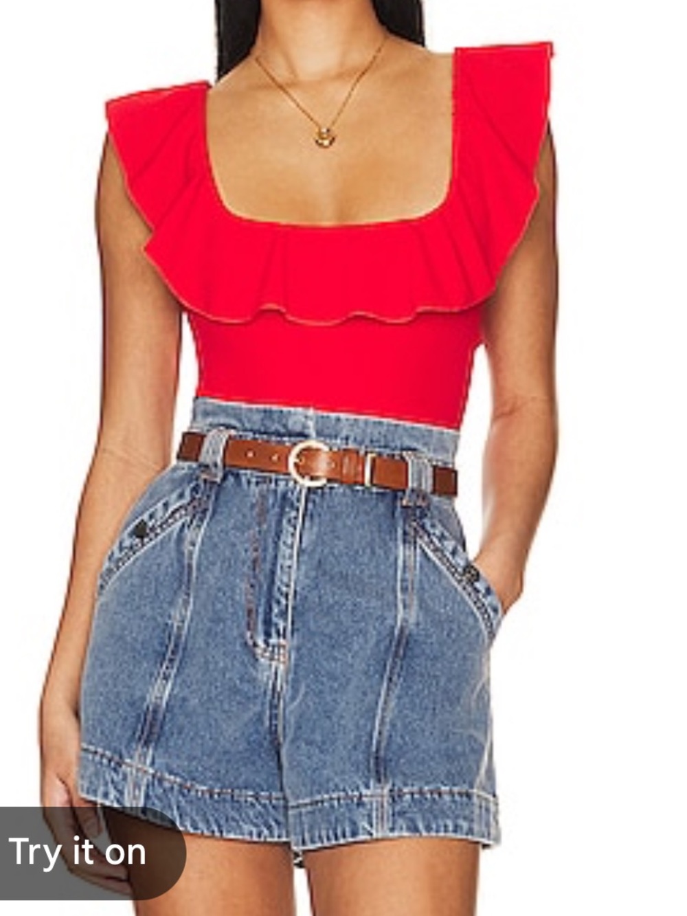 Show Me Your Mumu Red Rochelle Ruffle-Trim Square Neck Bodysuit
